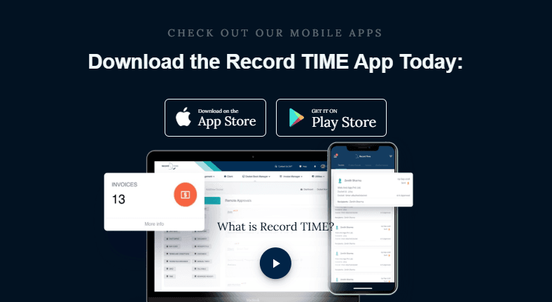 Record Time job management app video preview showing field service workflow and mobile dashboard interface
