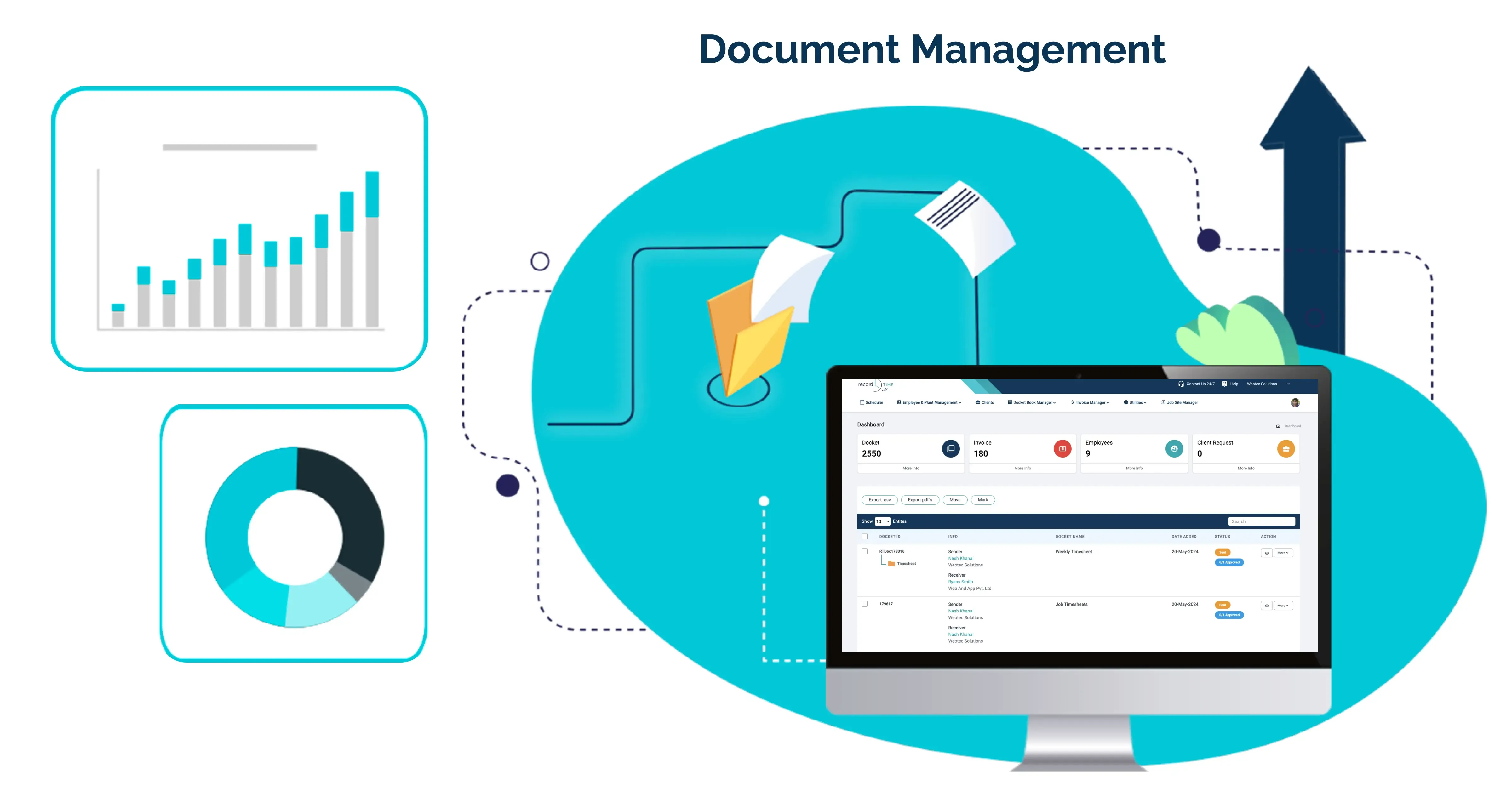 Document management dashboard in Record TIME showing job proof, attendance tracking, and site completion records